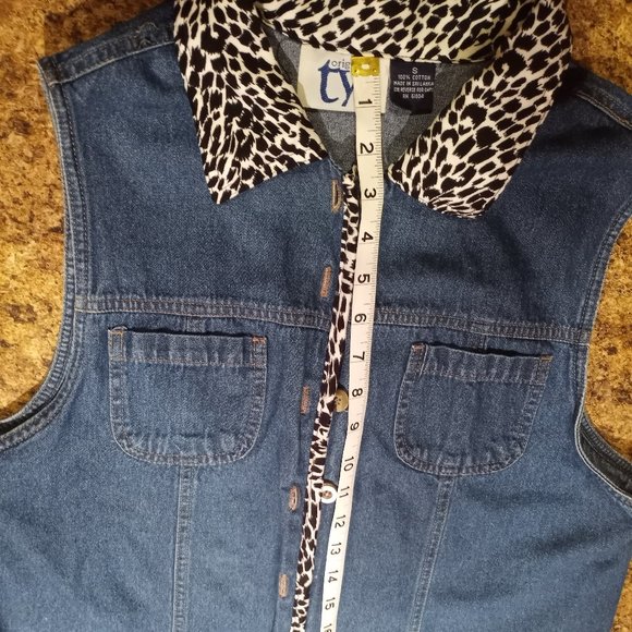 Denim Blue Vest with Leopard Print Collar, S, Sri - Picture 6 of 12